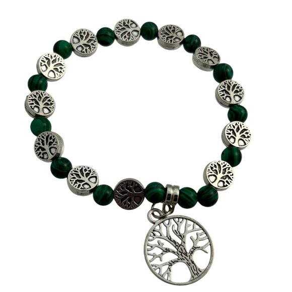 Tree of Life Bracelet Green Malachite Beads Silver Tone Stretch Boho Yoga Beaded - Picture 2 of 8
